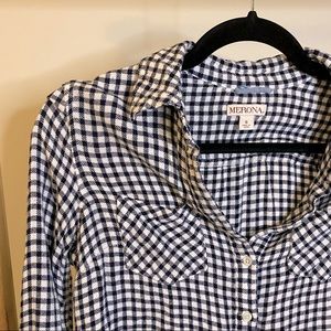 Merona Black and White Plaid Long Sleeve Top, Small, Half Button Front, Soft